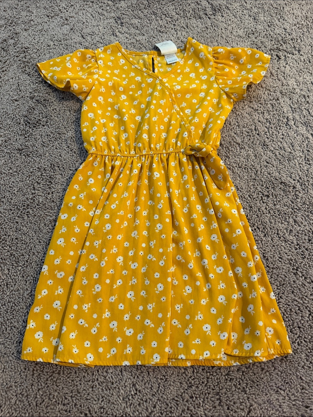 Girls' Yellow Floral Tie-Waist Casual Dress
